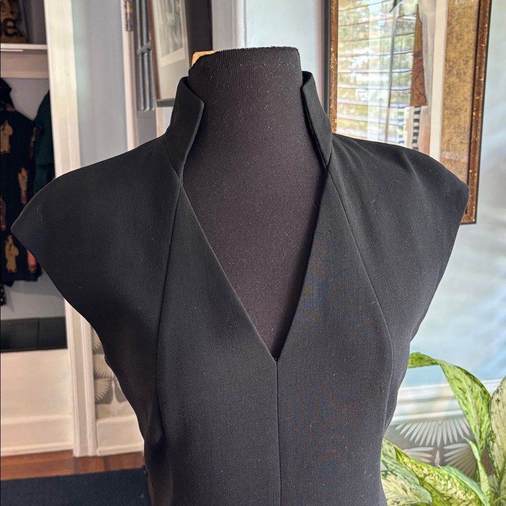 SOLD X Akris Black V-Neck open mandarin collar Midi Dress absolutely stunning